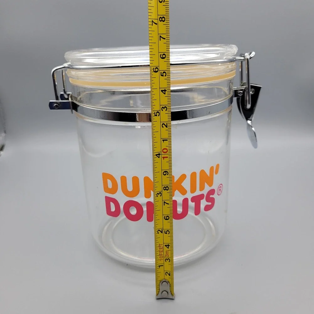 Vintage Dunkin Donuts Clear‎ Coffee Canister w Scoop, Holder, Locking Lid